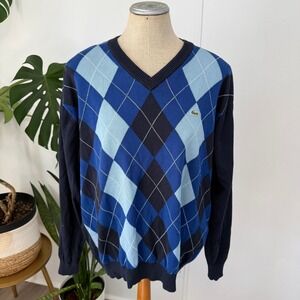 Lacoste Argyle V-Neck Sweater Mens Size 7 Navy Blue Cotton F5178 Pullover